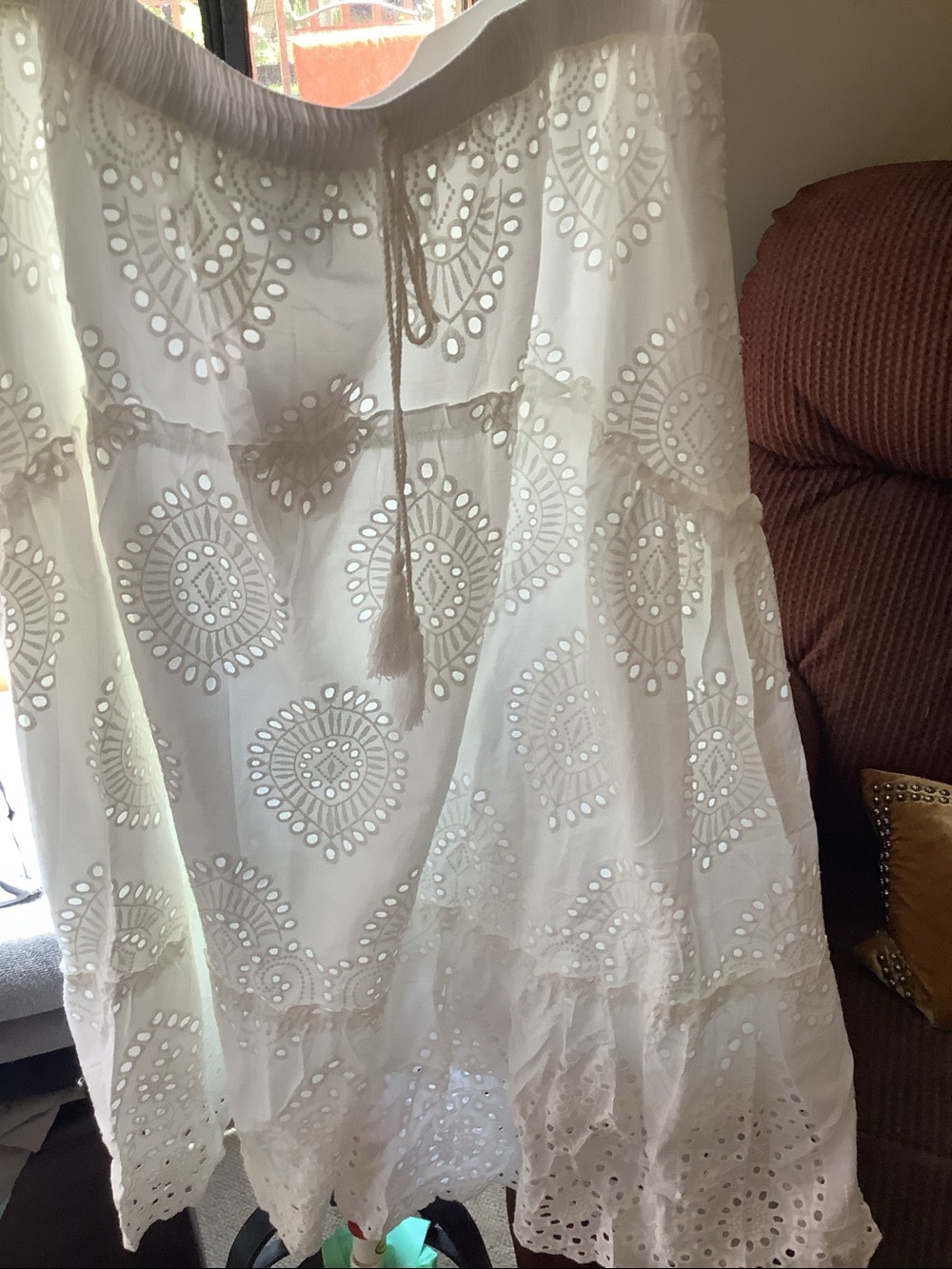 White Eyelet Cotton Skirt 100 % cotton maxi elastic waistband length 37 inches - Picture 3 of 6